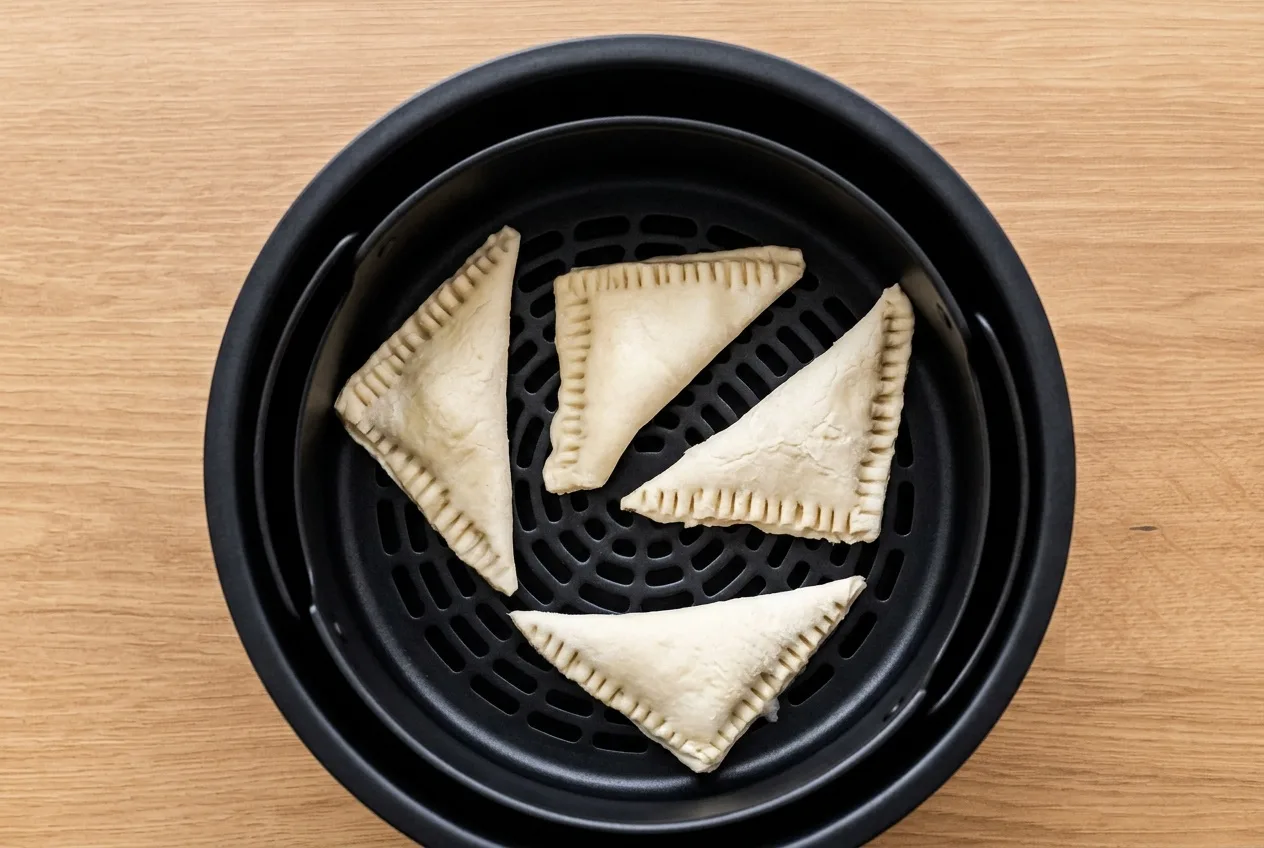 Nyers, villával lezárt almás leveles táskák az air fryer kosarában
