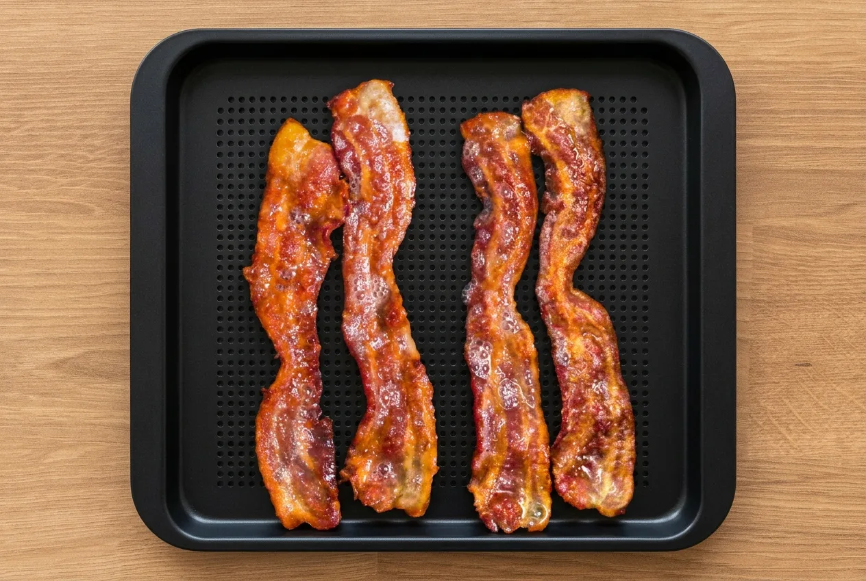 Sistergő baconcsíkok egy rétegben a lyukacsos tálcán