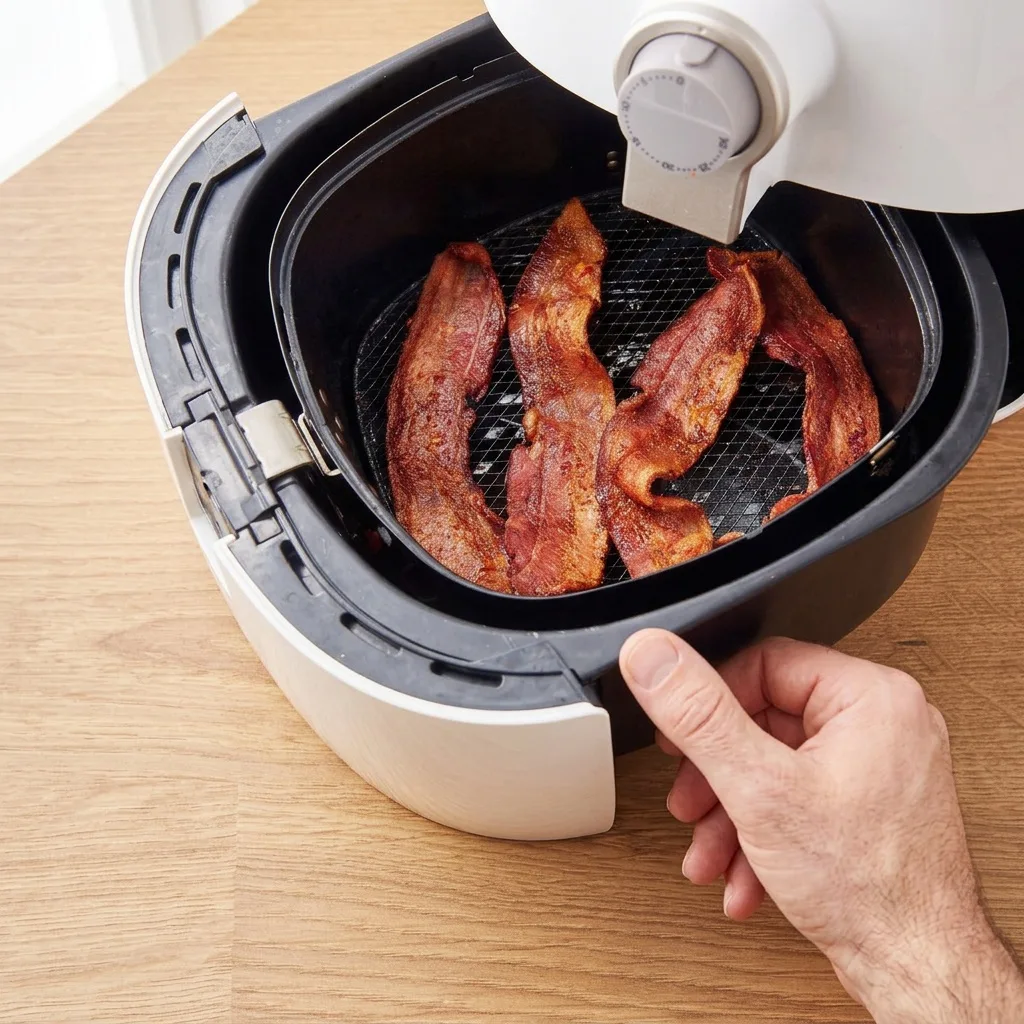 Kész, ropogós bacon az air fryer kihúzott kosarában