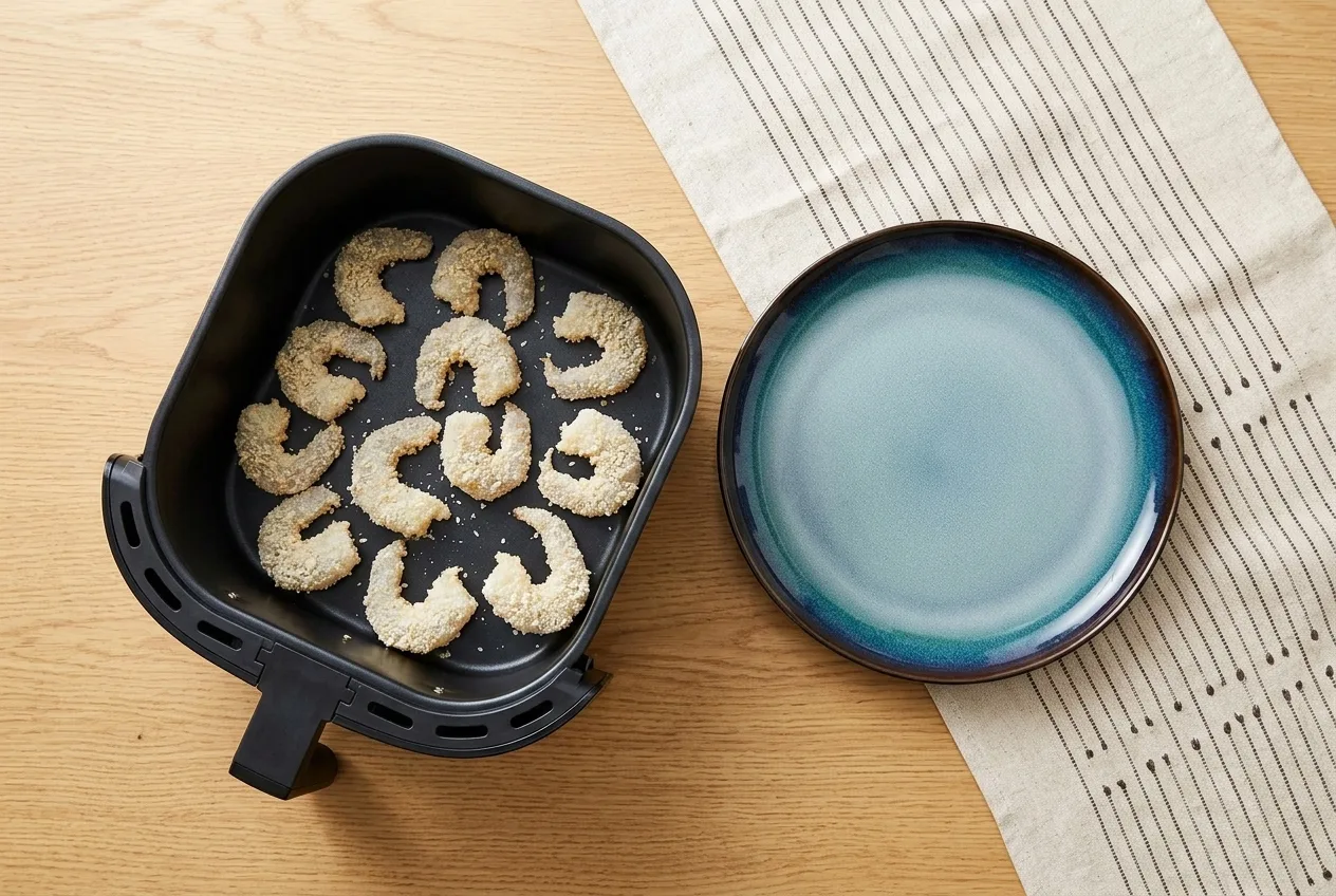 Morzsába forgatott garnélák egy rétegben az air fryer kosarában