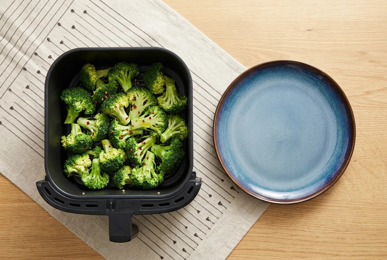 Olajozott brokkolirózsák az air fryer kosarában