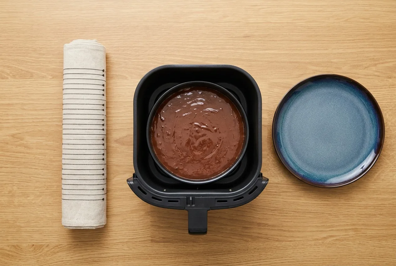 Brownie-massza a sütőformában az air fryer kosarában