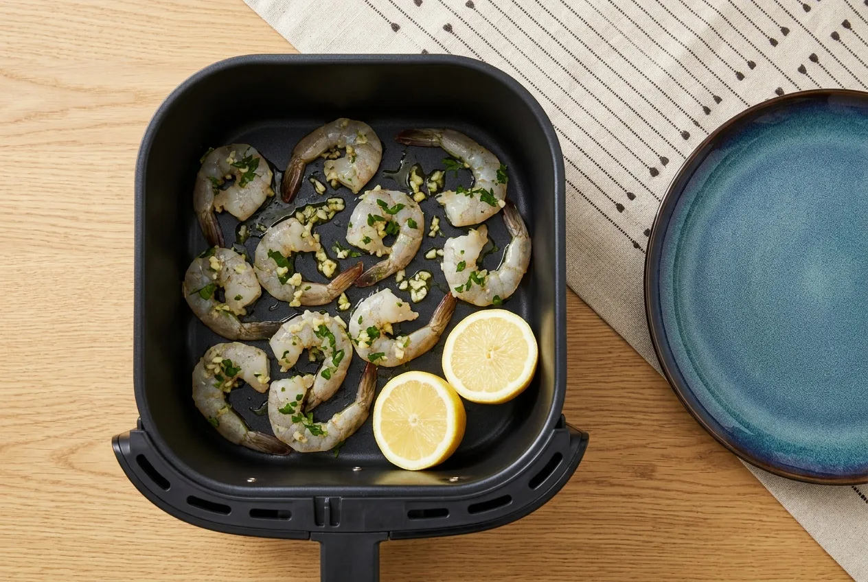 Fokhagymás-petrezselymes nyers garnélák citromfelekkel az air fryer kosarában