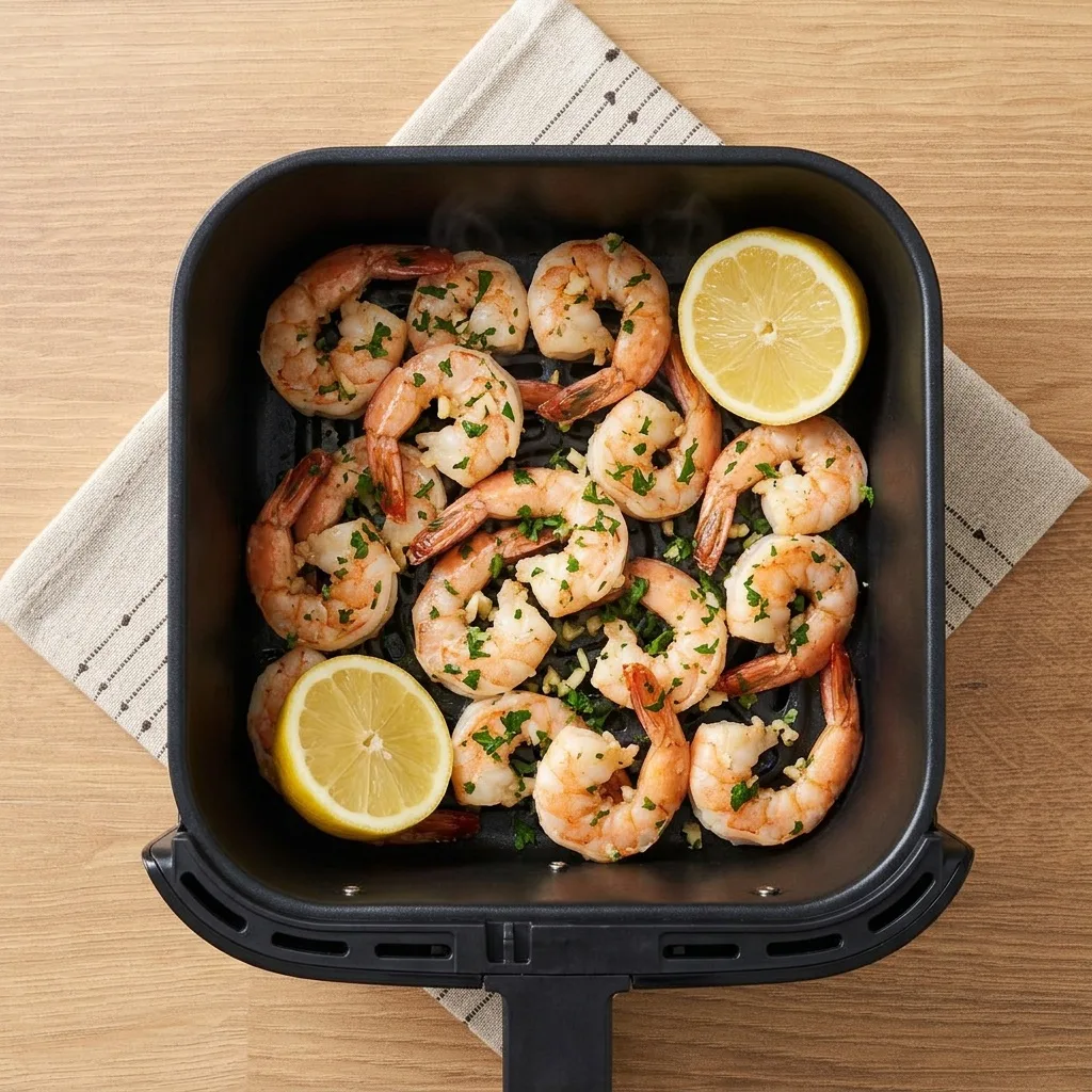 Megsült fokhagymás-petrezselymes garnélák citromfelekkel az air fryer kosarában, felülnézetből