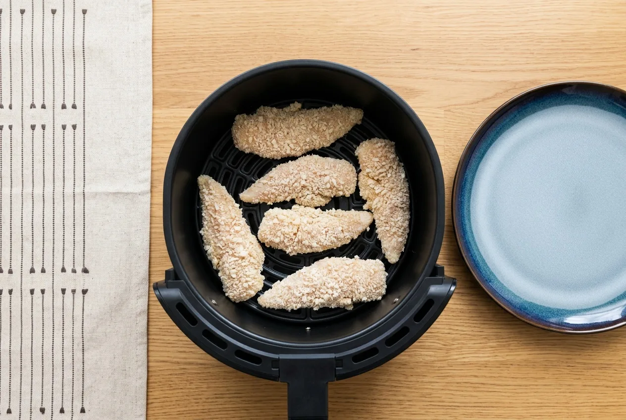 Panírozott csirkecsíkok az air fryer kosarában, sütés előtt