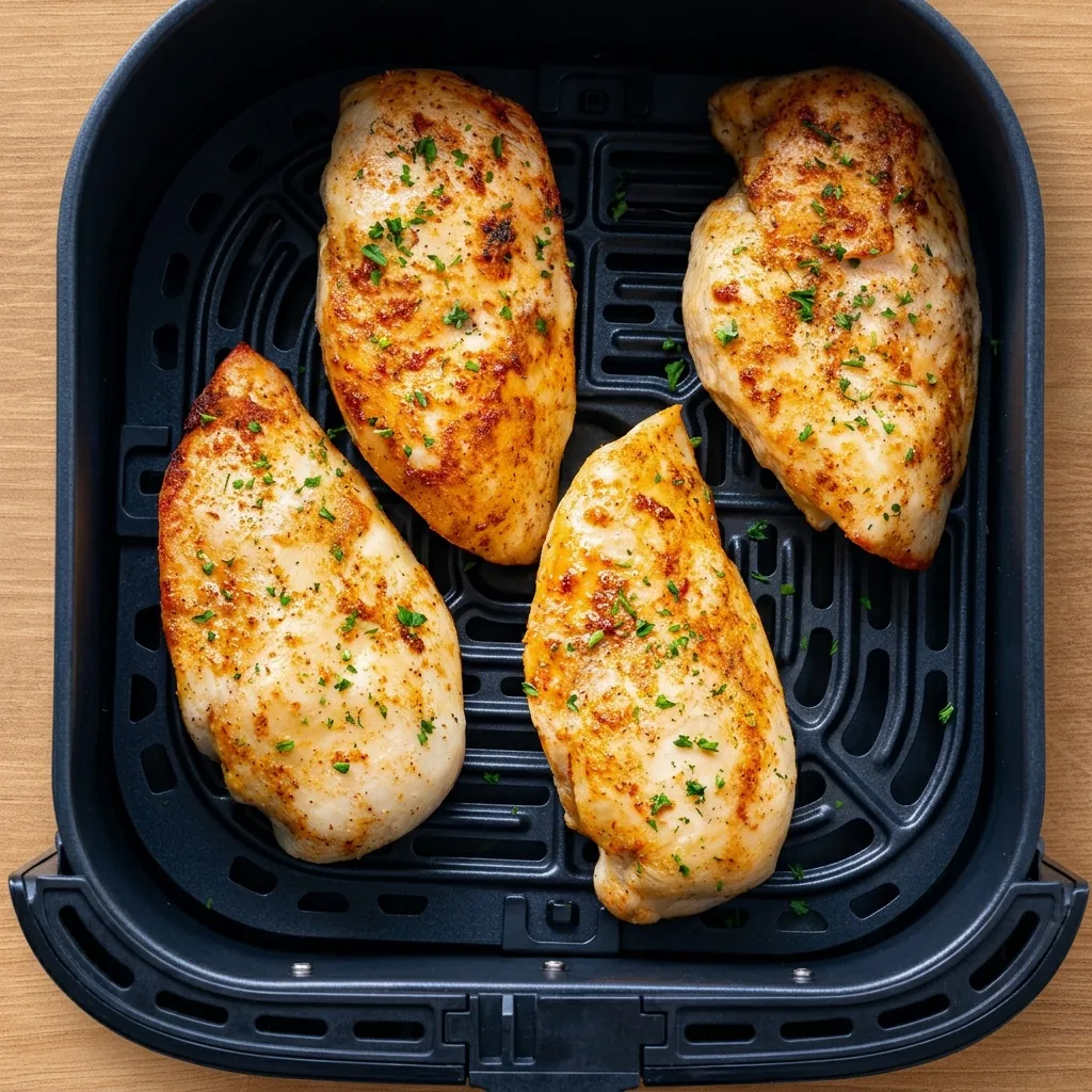 Készre sült, fűszeres csirkemellfilék az air fryer kosarában