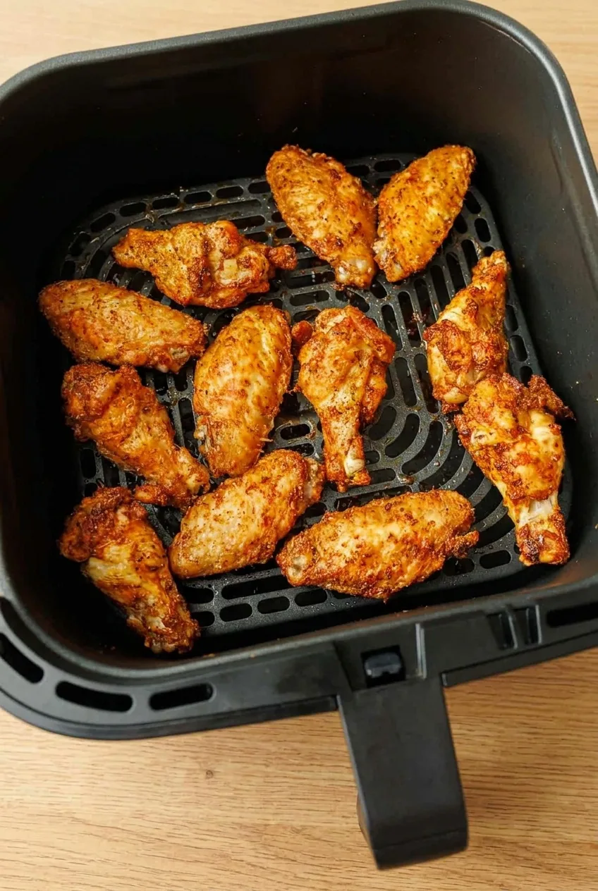 Aranybarnára sült csirkeszárnyak az air fryer kosarában