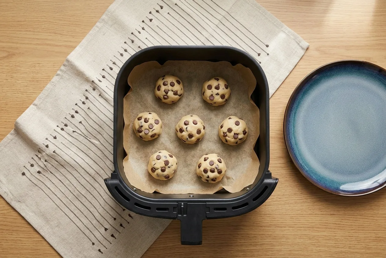 Csokidarabos kekszgolyók sütőpapíron az air fryer kosarában