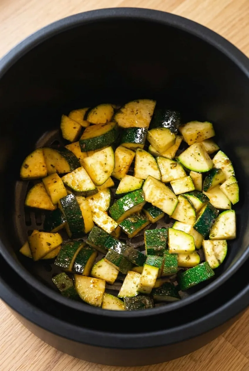 Cukkinikockák egy rétegben az air fryer kosarában