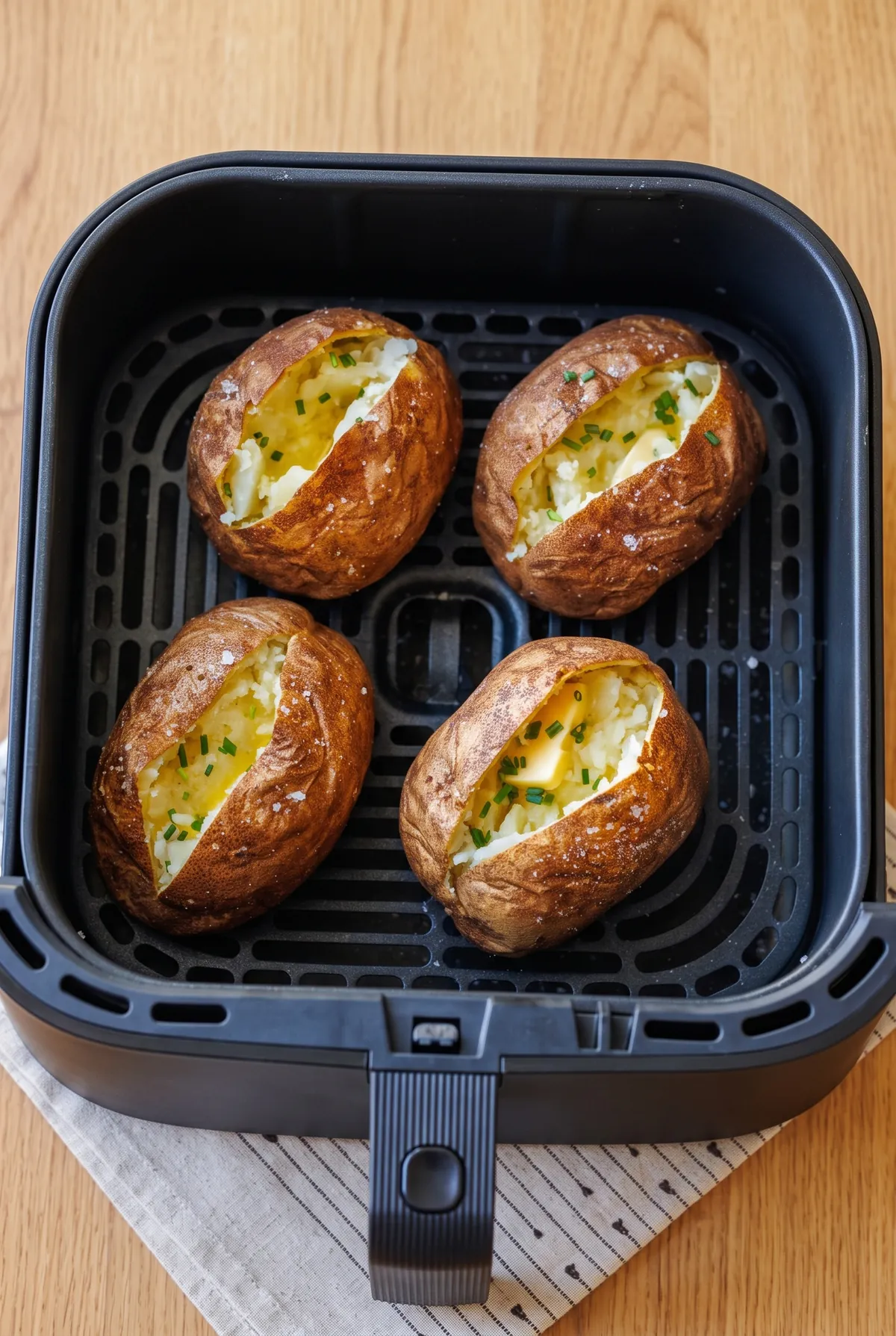 Bevágott, vajjal és metélőhagymával megrakott sült krumpli az air fryer kosarában