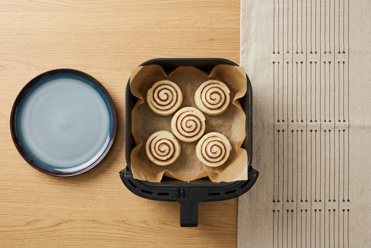 Feltekert, nyers fahéjas csigák sütőpapíron az air fryer kosarában
