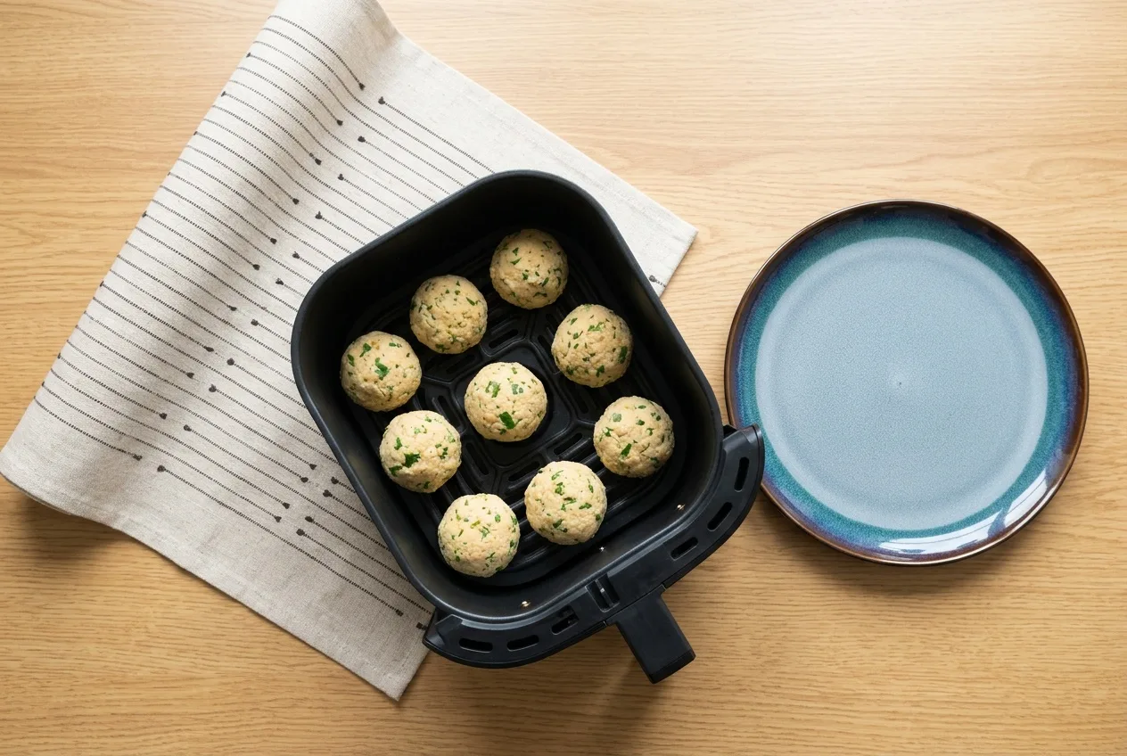Formázott nyers falafel golyók az air fryer kosarában
