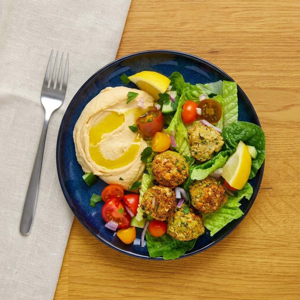 Falafeltál humusszal és friss zöldségekkel