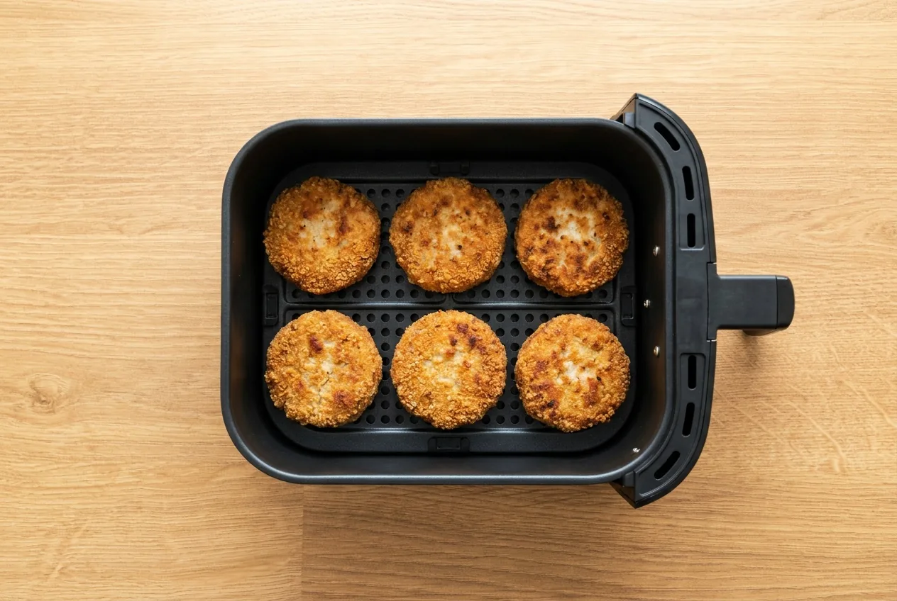 Aranybarnára sült fasírtok egy rétegben az air fryer kosarában
