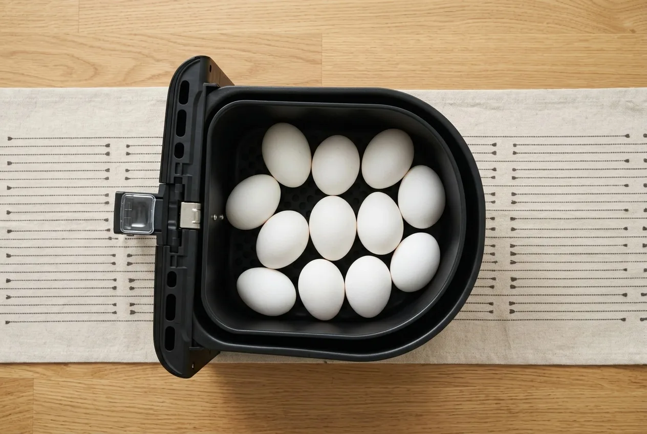 Nyers tojások egy rétegben az air fryer kosarában