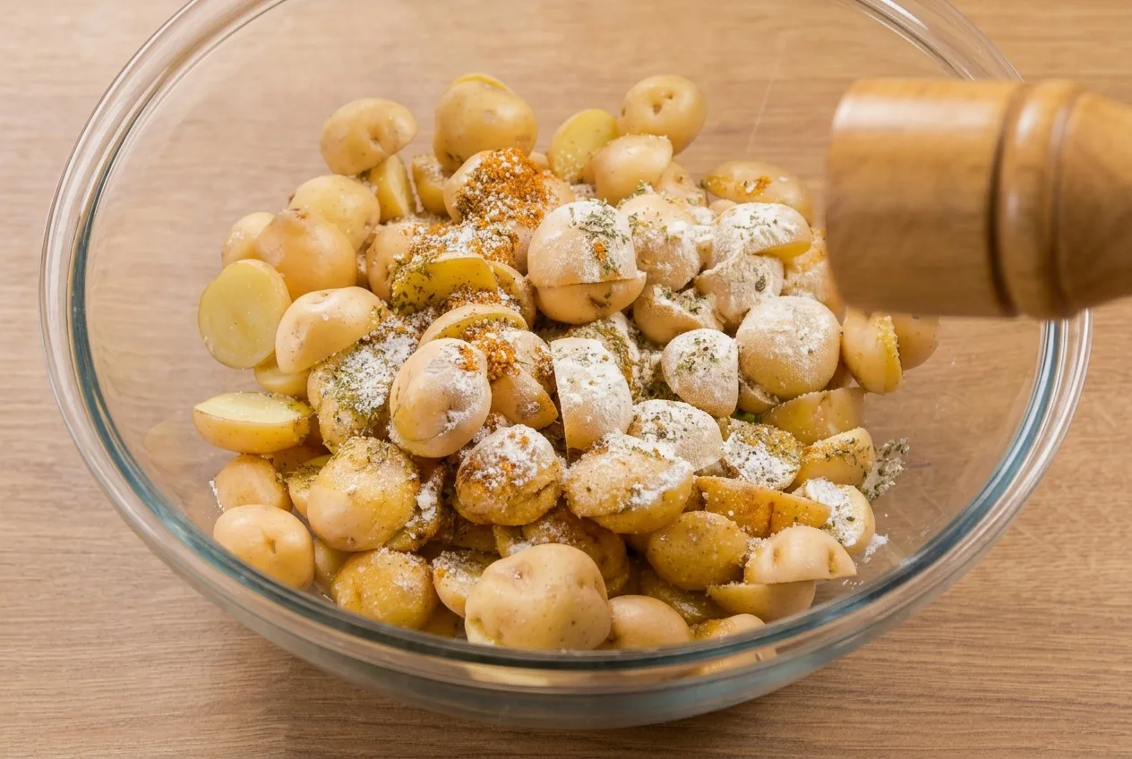 Félbevágott újkrumpli fűszerekkel egy üvegtálban, a fűszerezés közben