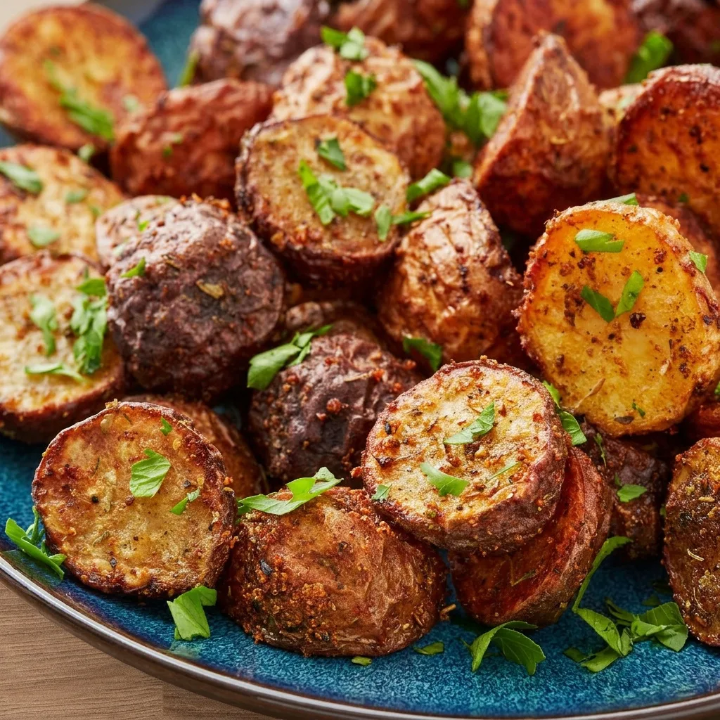 Aranybarnára sült, fűszeres újkrumpli-félék közelről