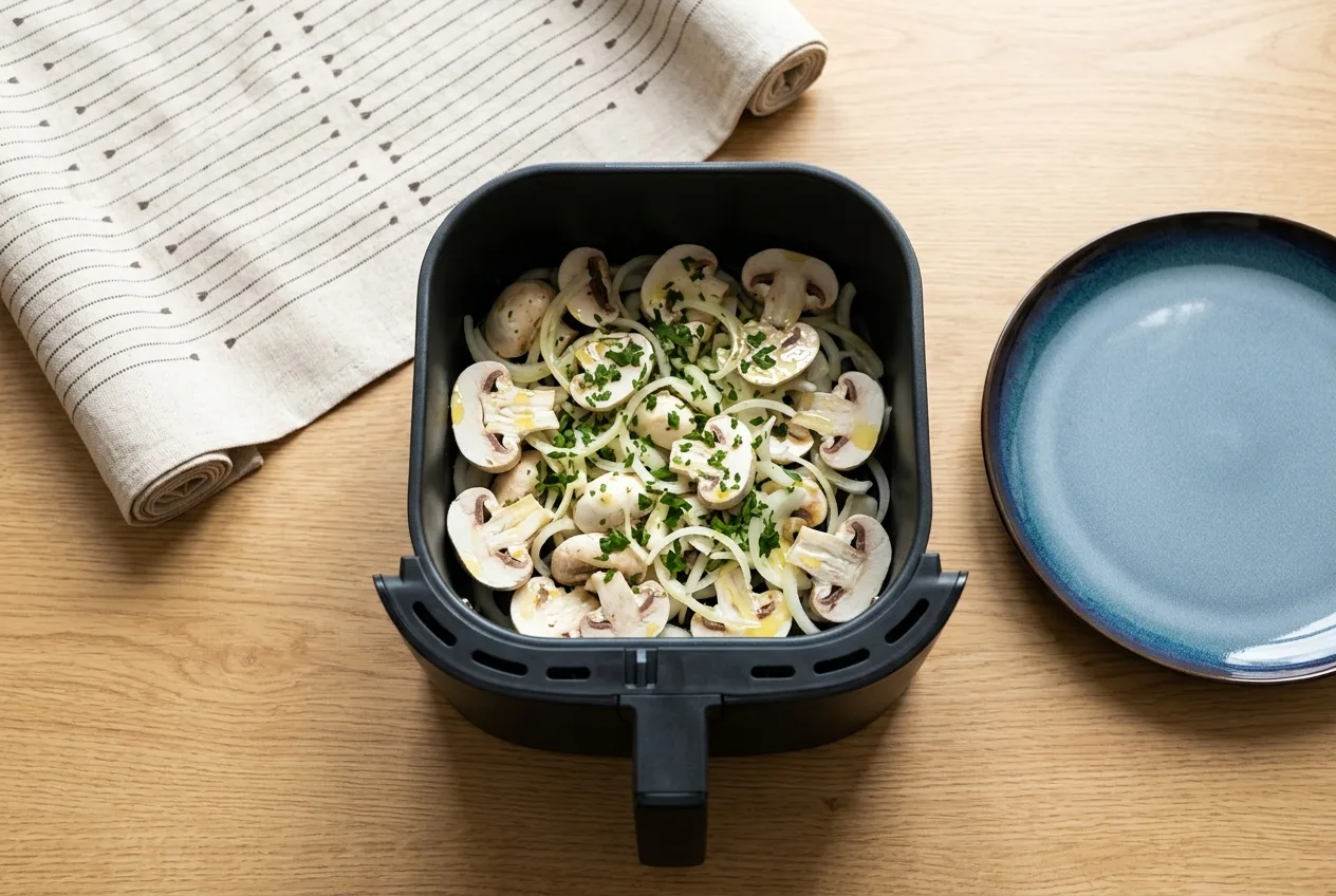 Szeletelt gomba és hagyma fűszerekkel az air fryer kosarában