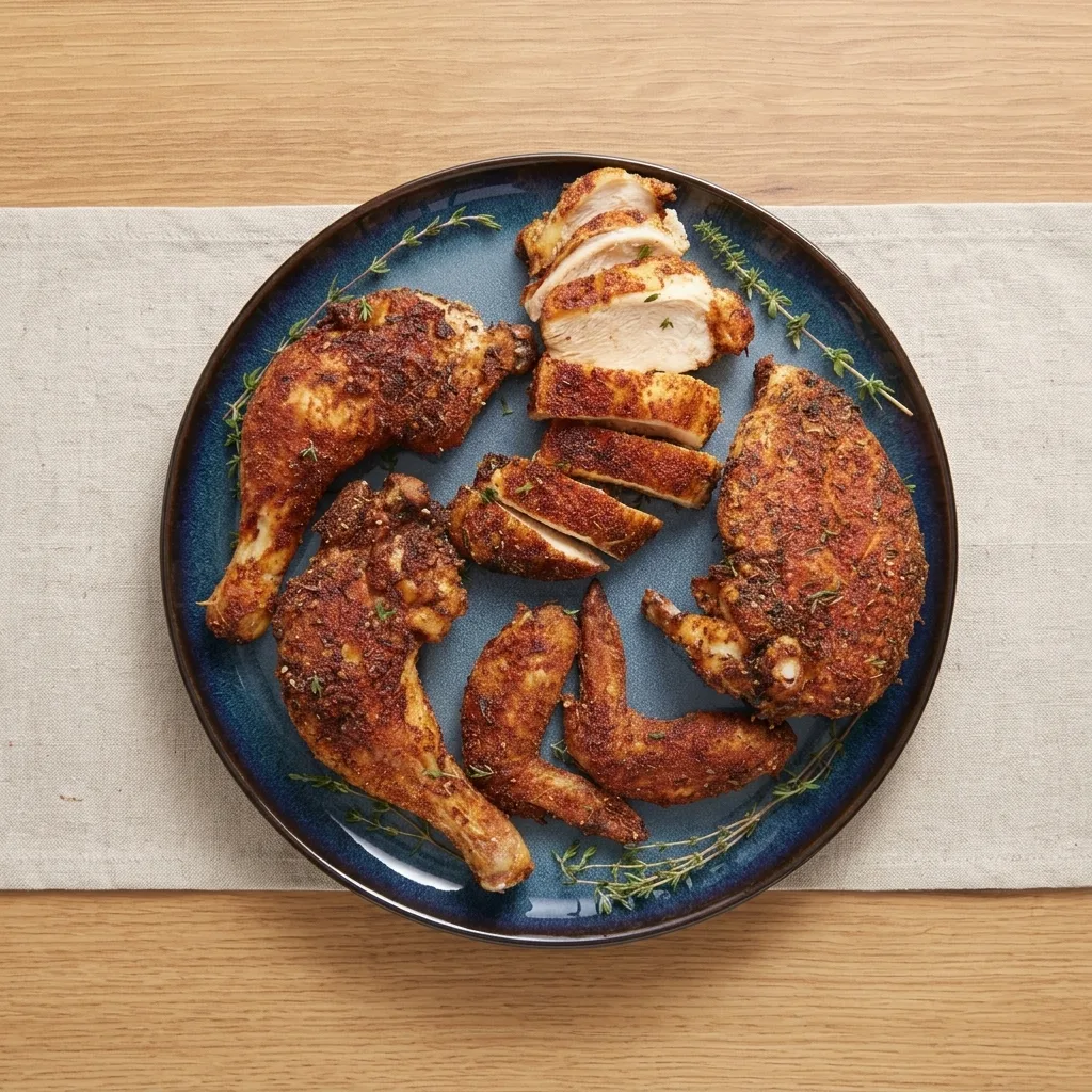 Ropogós bőrű grillcsirke-darabok kék tányéron