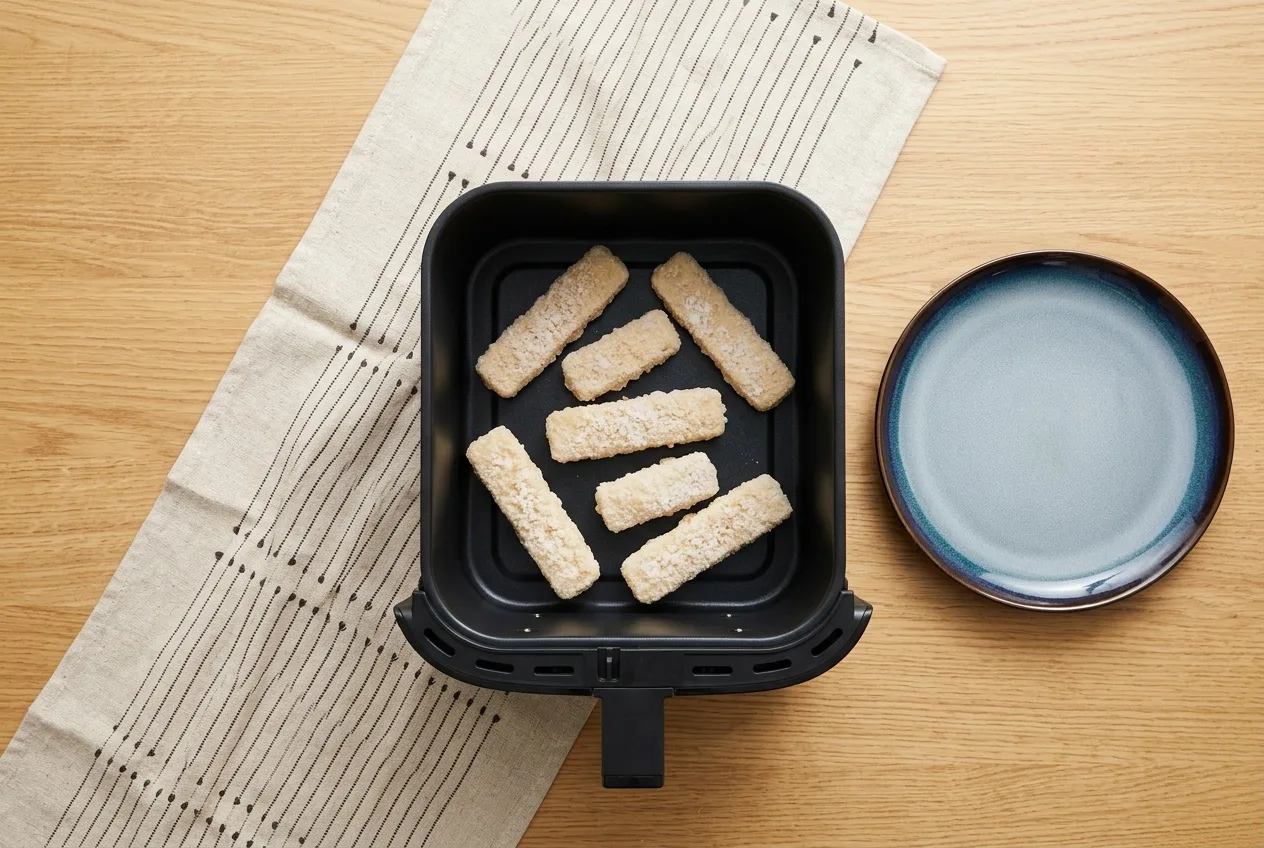 Fagyott halrudacskák egy rétegben az air fryer kosarában
