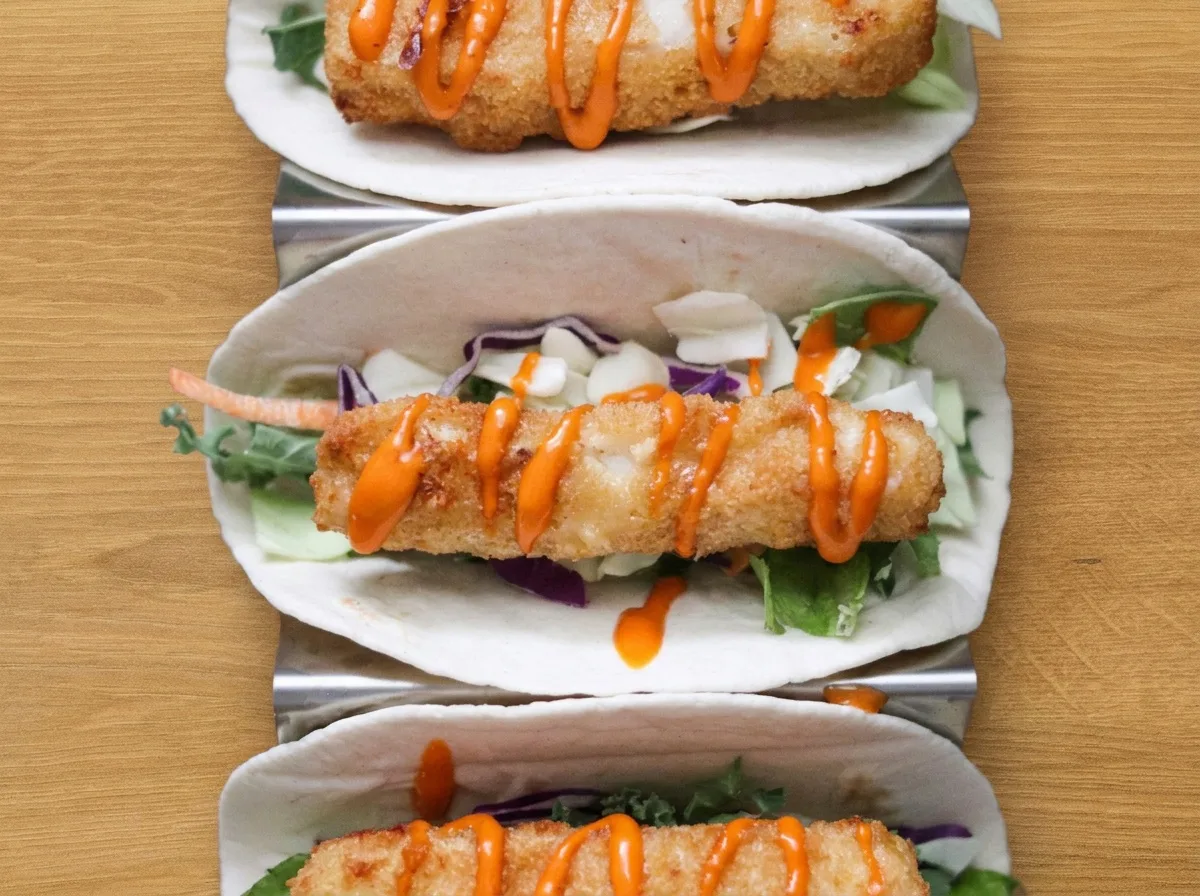 Halrudacskás tortilla káposztasalátával és csípős szósszal, tálalási ötletként