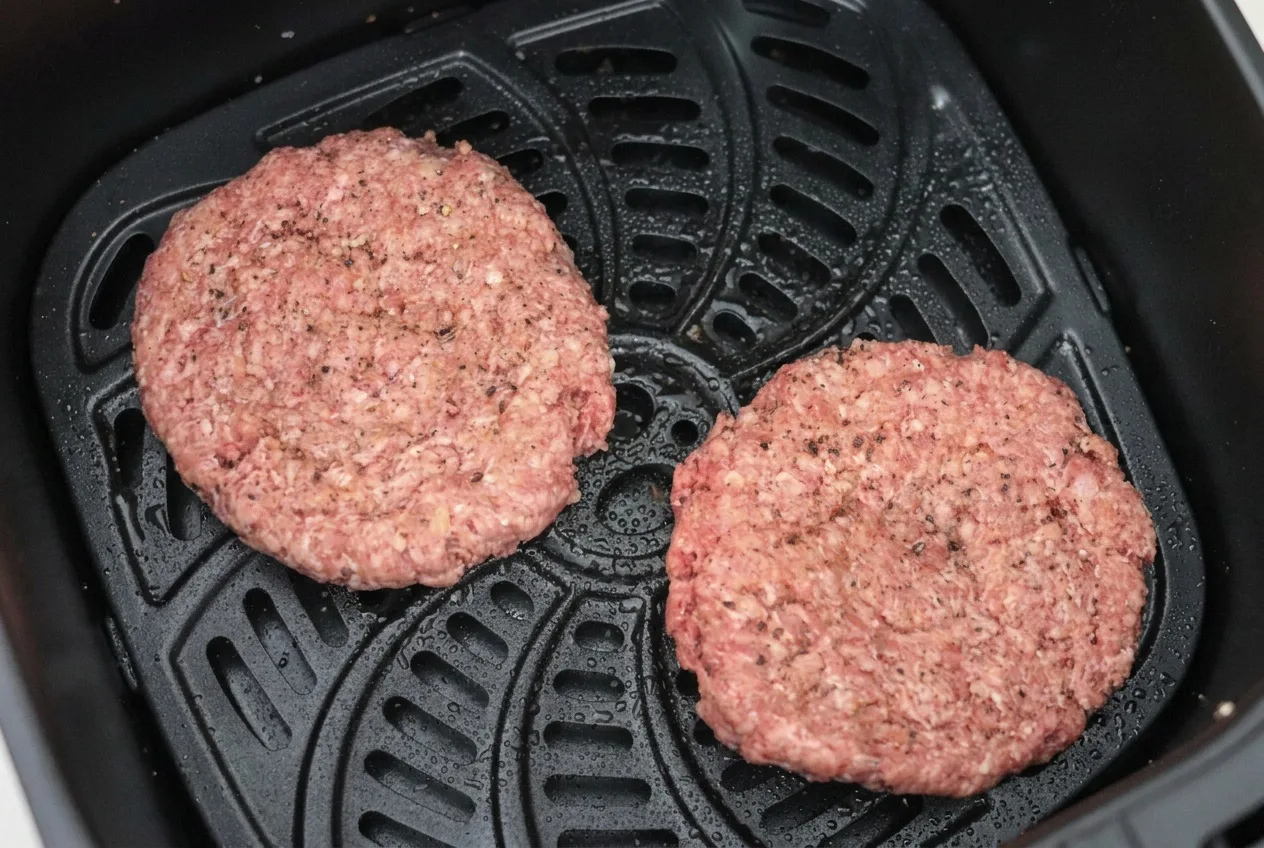 Két nyers, fűszerezett hamburgerhús az air fryer kosarában