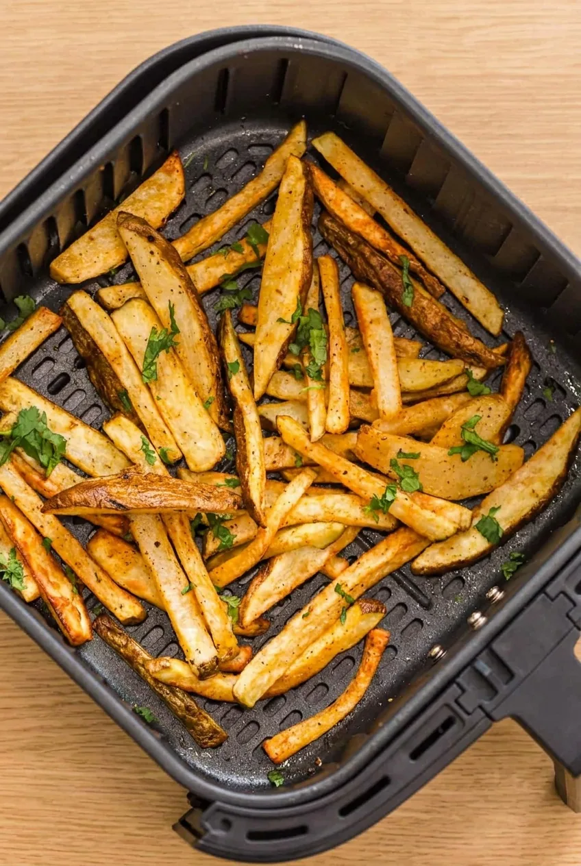 Aranybarnára sült hasábburgonya az air fryer kosarában