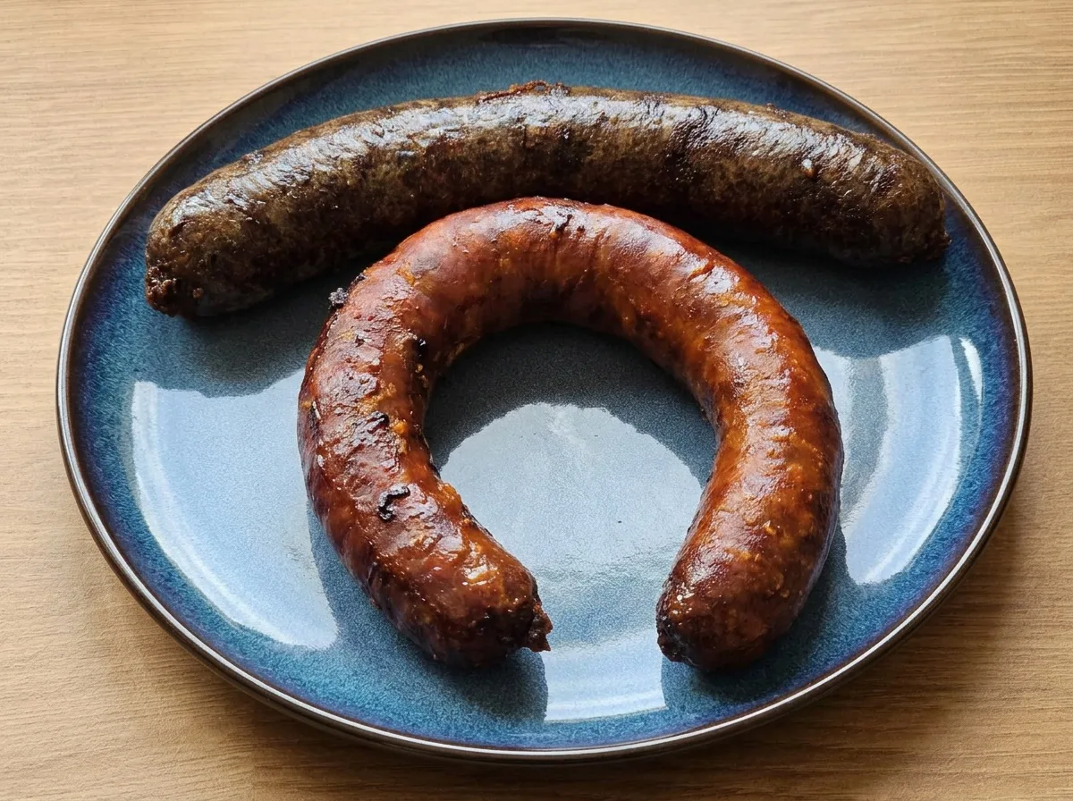 Egy szál sült hurka és egy szál sült kolbász kék kerámiatányéron