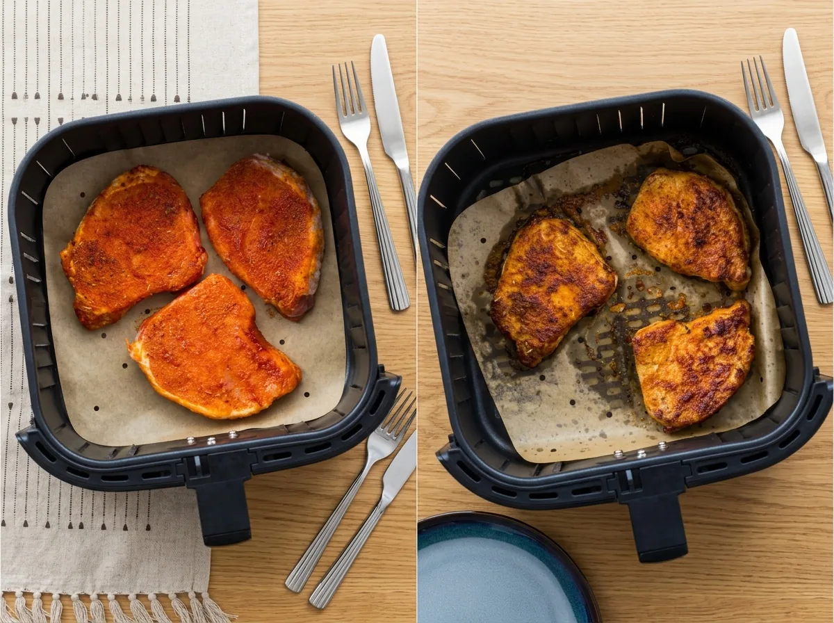 Fűszerezett karajszeletek lyukacsos sütőpapíron az air fryer kosarában, sütés előtt és után
