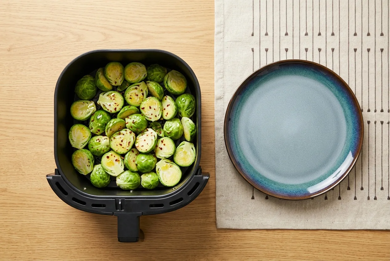 Félbevágott, fűszerezett kelbimbó az air fryer kosarában