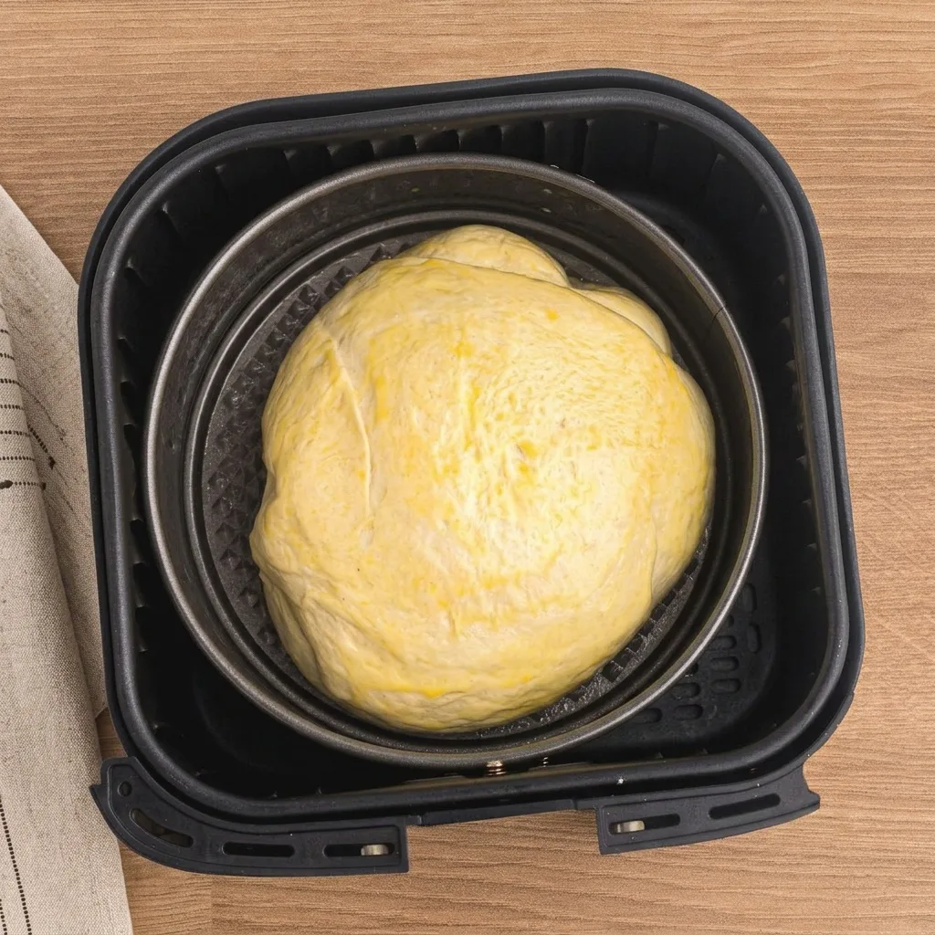 Megkelt, tojással kent kenyértészta kerek formában az air fryer kosarában
