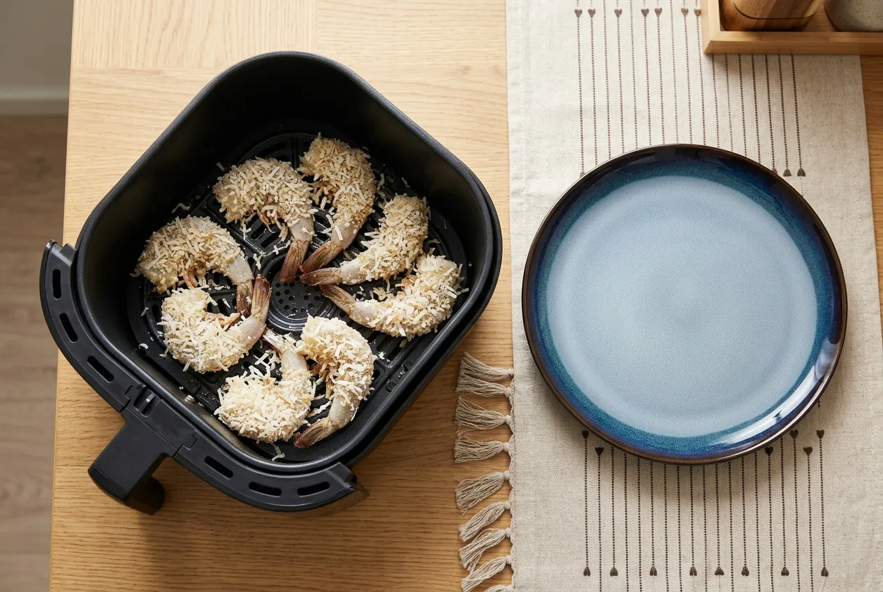 Kókuszreszelékbe forgatott nyers garnélák az air fryer kosarában
