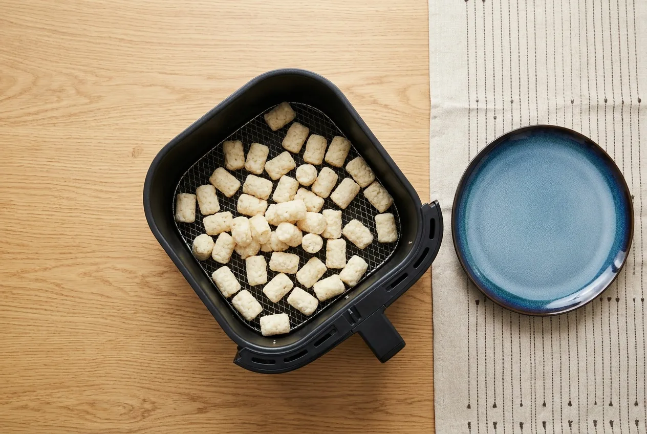 Nyers krumplifalatok egy rétegben az air fryer kosarában