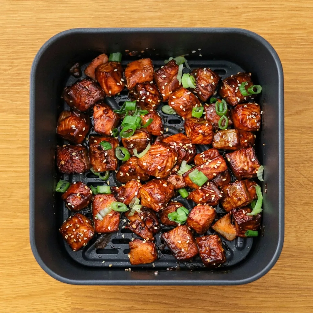 Mázas lazacfalatok újhagymával az air fryer kosarában, felülnézetből