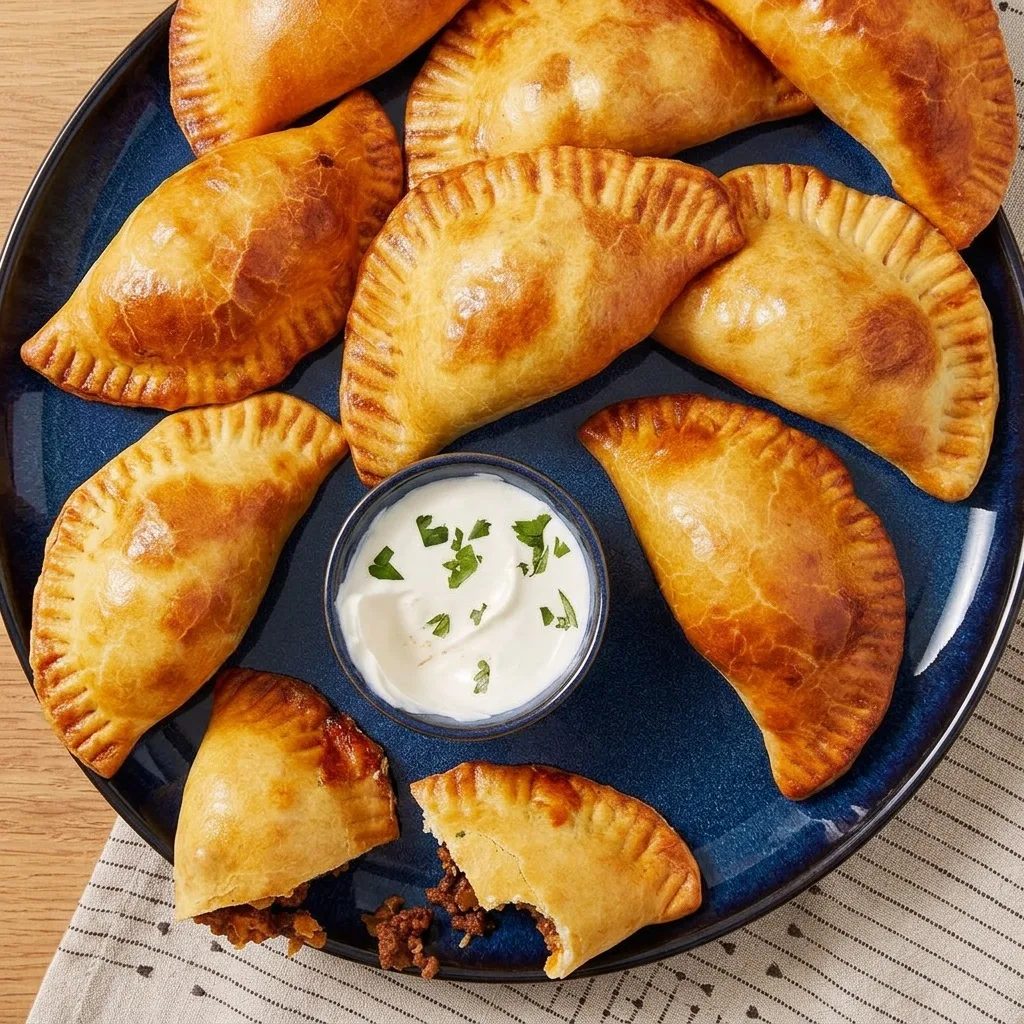 Kettétört marhás empanadák a töltelékkel, tejfölös tálkával