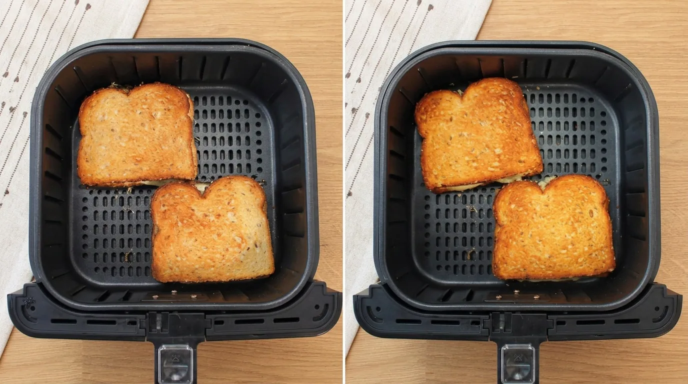 Sajtos melegszendvicsek az air fryer kosarában, sütés közben és készen