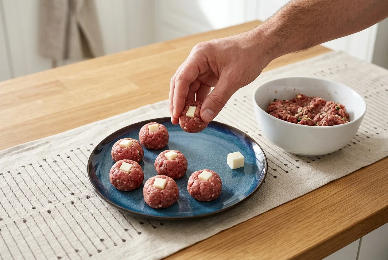 Mozzarellakockák a darált húsból formázott golyók közepén, formázás közben