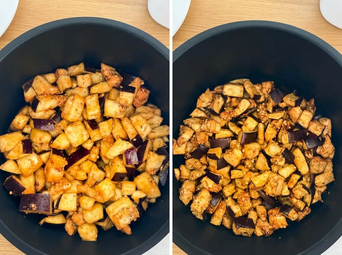 Padlizsánkockák az air fryer kosarában, sütés előtt és után