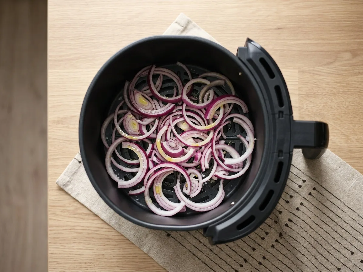 Olajjal és sóval összeforgatott vékony hagymaszeletek az air fryer kosarában, sütés előtt