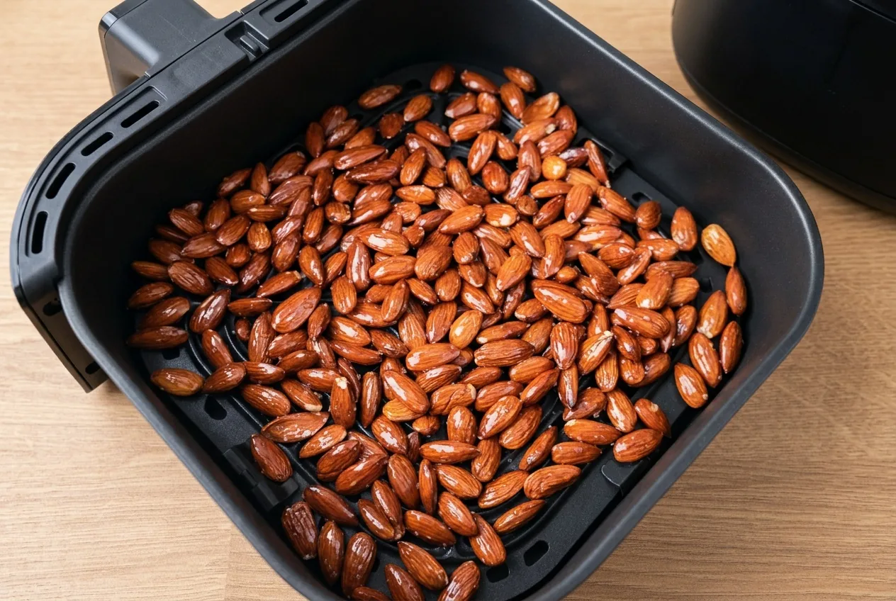 Pirított mandula egy rétegben az air fryer kosarában