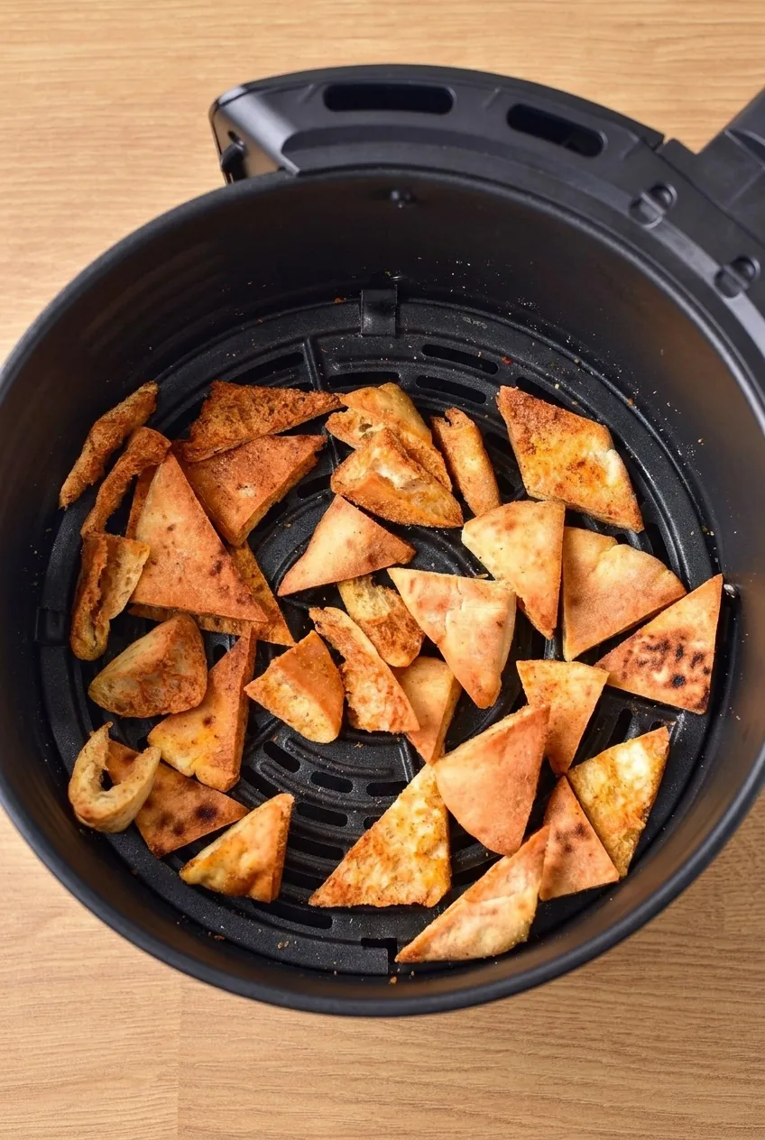 Aranybarnára sült pitachips az air fryer kosarában