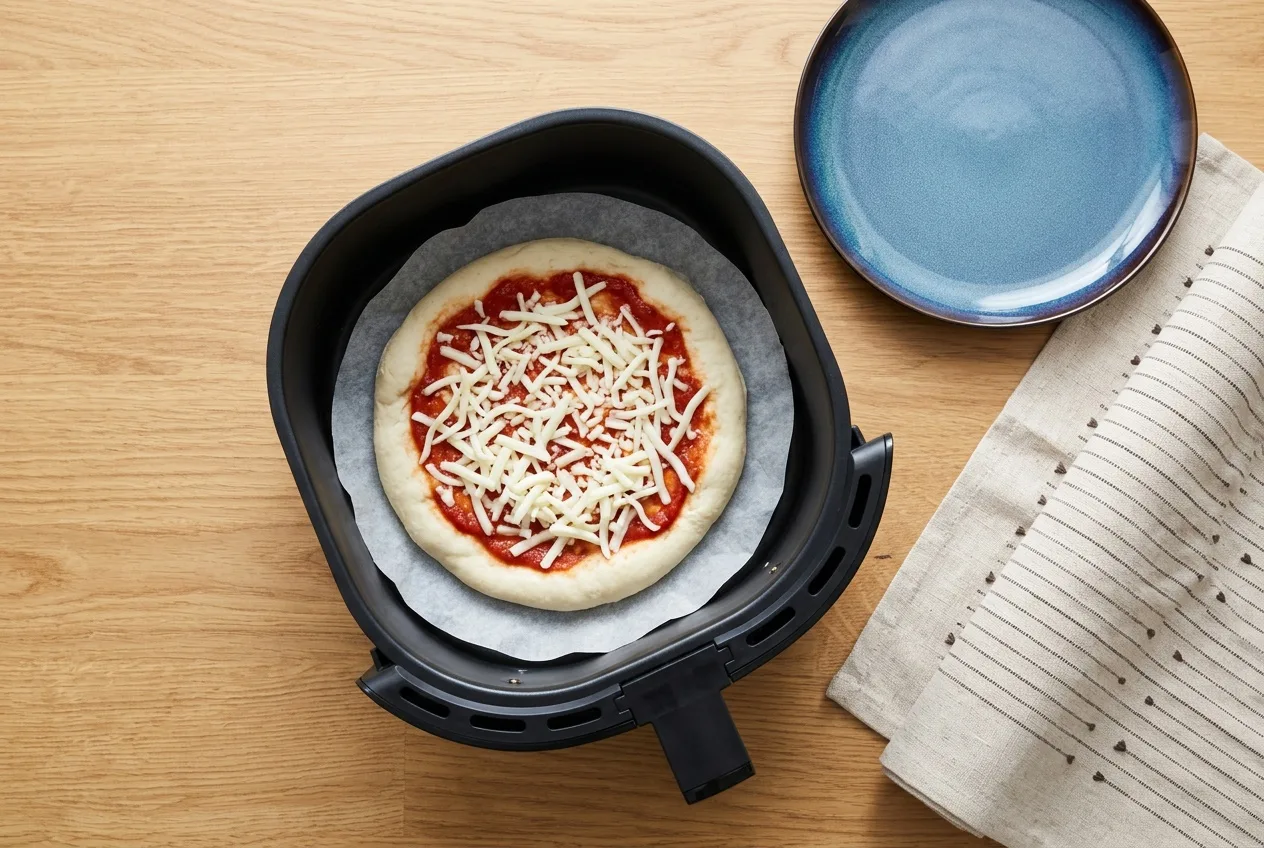 Nyers, megrakott pizza sütőpapíron az air fryer kosarában