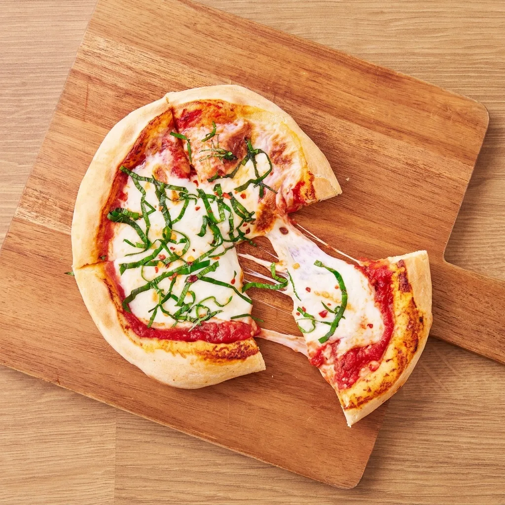 Szeletelt pizza bazsalikommal fa vágódeszkán