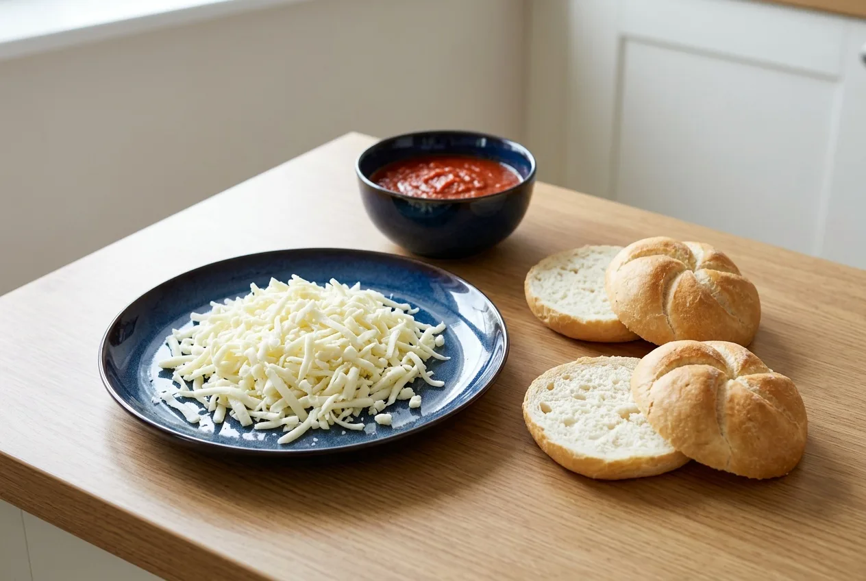 Kettévágott zsemlék, reszelt mozzarella és paradicsomszósz a munkalapon