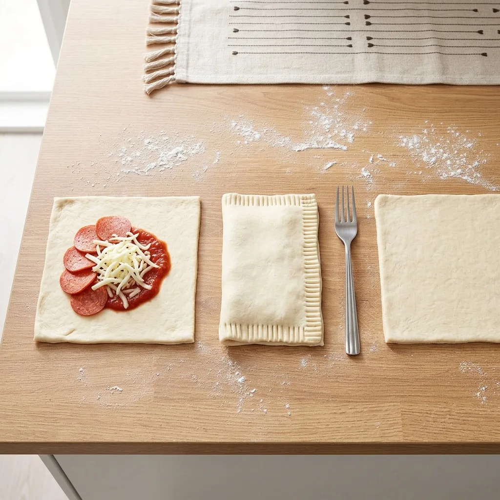 Tésztanégyzetek lisztezett munkalapon, az egyik pepperonival megrakva, a másik villával lezárva