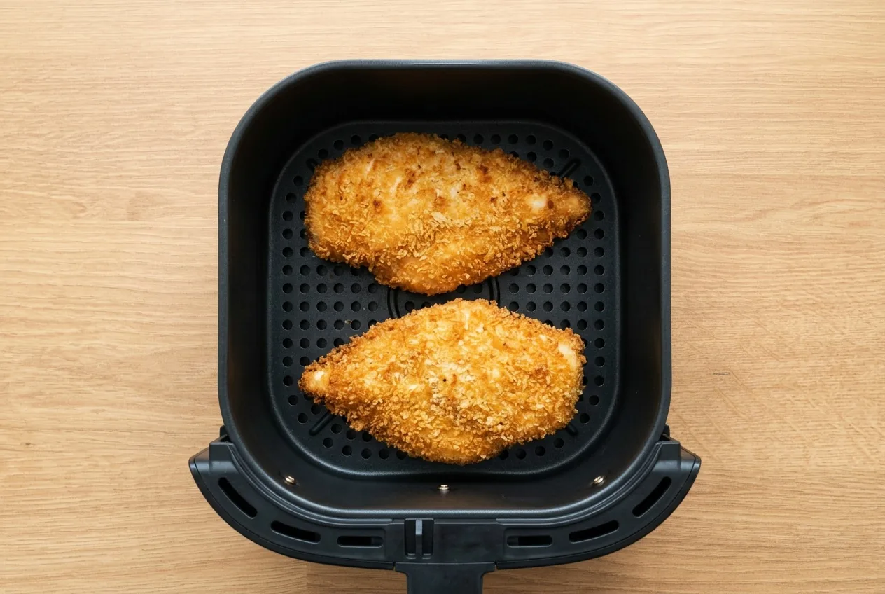 Két aranybarna rántott csirkemell szelet az air fryer kosarában