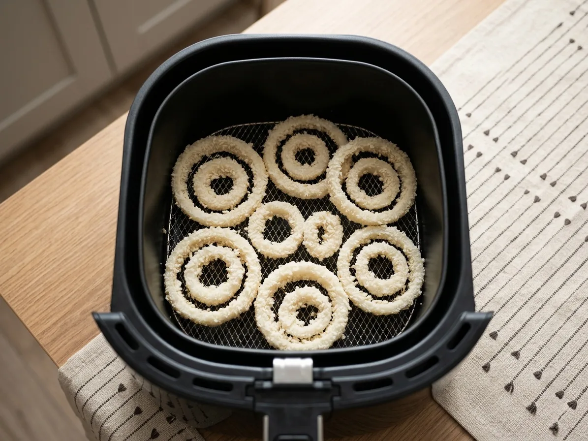 Panírozott nyers hagymakarikák egy rétegben az air fryer kosarában, a kisebbek a nagyobbakban