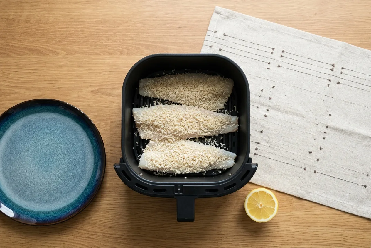 Panírozott nyers halfilék az air fryer kosarában