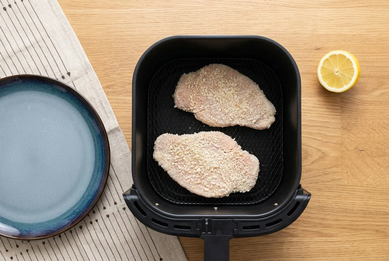 Panírozott, nyers sertésszeletek az air fryer kosarában
