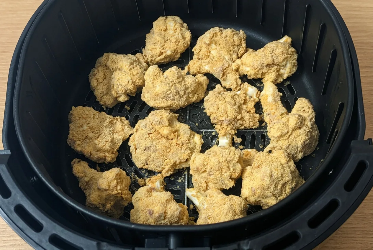 Morzsába forgatott nyers karfiolrózsák az air fryer kosarában